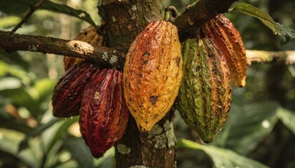 Vibrant Cocoa Pods on a Tropical Tree