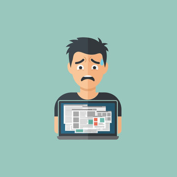Frustrated man with a laptop displaying multiple open windows and documents.