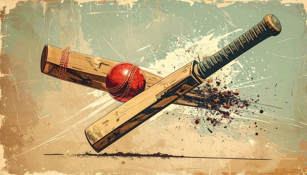 Vintage Cricket Bat and Ball Illustration with Splatter Effect.