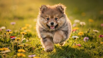 Playful Puppy Running Through Flower Fields