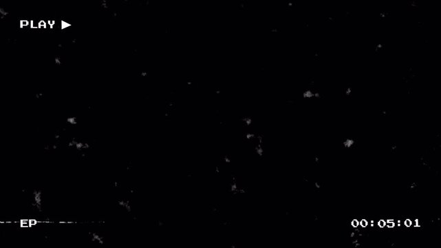 VHS tape play screen overlay with EP mode indicator, timecode counter, and floating analog dust noise on a black background. Retro VHS tape playing overlay with scratches, dust particles. 4K Video