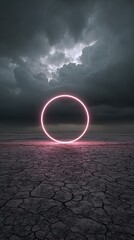 Desert Night Black Sky Cracked Ground Pink Light Circle White Clouds