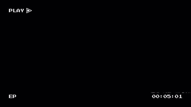 Retro VHS tape playback interface with EP, Timecode, Vertical and horizontal scanline noise animation. Analog vhs play screen overlay with glitch lines animation. 4K Video