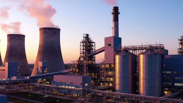 Futuristic Infrastructure Sleek, advanced power plant or refinery sections at daybreak