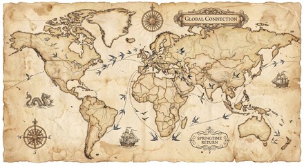 Naklejka premium Vintage world map illustration with migrating birds and ships, representing global connection, travel, and environmental seasons