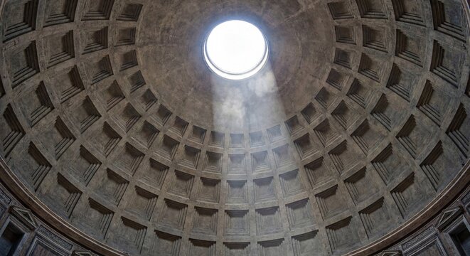 Architectural view of the Pantheon dome in Rome with a light beam shining through the oculus, highlighting the ancient concrete coffer