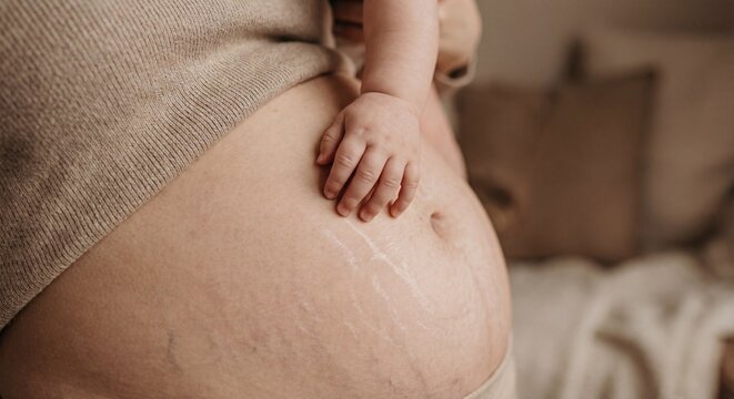 Close up of a baby's hand resting on a pregnant woman's belly with visible stretch marks, showcasing the beauty of motherhood and pregnancy