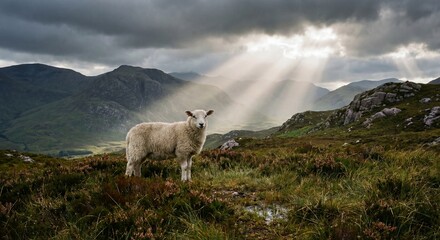 Obraz premium A white lamb standing in a vast mountain landscape with dramatic sunbeams shining through dark clouds, symbolizing peace and purity