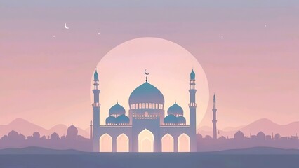 Obraz premium Minimalist Pink and Purple Mosque Landscape for Ramadan Greeting Card