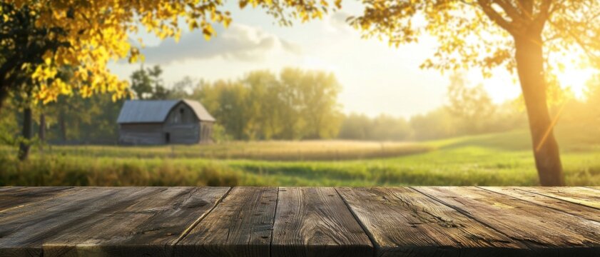 Rustic Wooden Table with Scenic Autumn Landscape Background