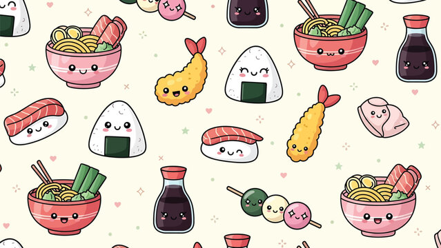 A repeating pattern displays various adorable japanese foods like sushi ramen and onigiri with cute expressive faces high quality professional detailed modern elegant stylish clean crisp