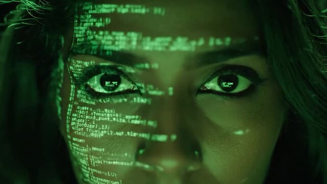 A close-up of a hacker or cybersecurity expert's eyes as they monitor scrolling digital data in a dark environment.