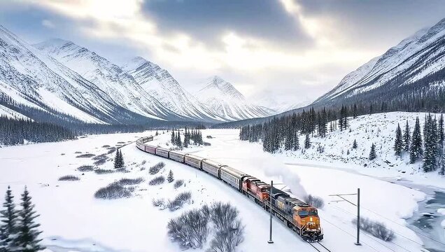 Panoramic aerial view of orange train traveling through snow covered mountain landscape