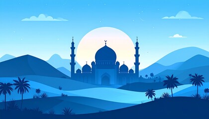 Serene blue desert landscape featuring an Islamic mosque clipart illustration, silhouetted majestically against a vibrant celestial body, presented in a clean, flat vector style