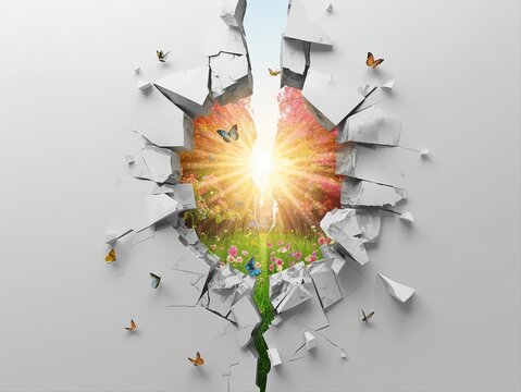 Monochrome city structure shattering dramatically to unveil radiant spring 2026 meadow with colorful wildflowers, butterflies, golden sunrise, symbolizing breaking free to discover joyful new reality