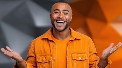 Fototapeta premium Joyful Man in Vibrant Orange Denim Jacket Smiling with Open Arms