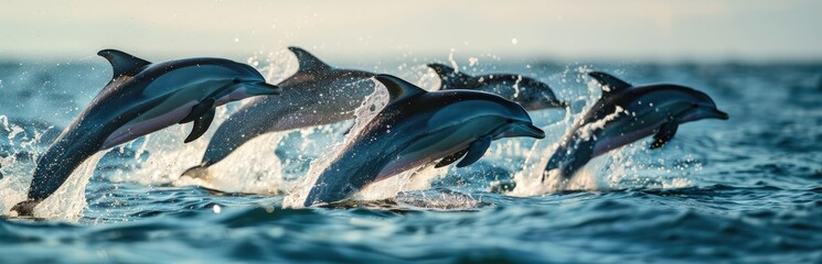 Fototapeta premium A pod of five agile dolphins leaping gracefully from the ocean, creating splashes in soft light