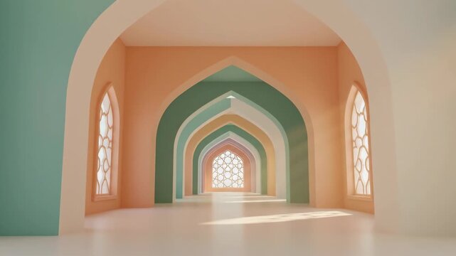 Sunlight rays moving through intricate arched windows in mosque interior