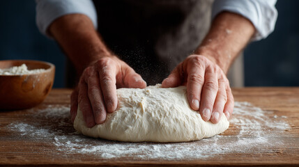 Fresh dough being kneaded by hands, showcasing the art of baking bread. Ideal for culinary and home cooking themes.
