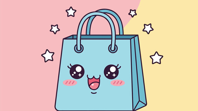 A cute illustration depicts a light blue shopping bag with a whimsical smiling black bubble like character and twinkling stars high quality professional detailed modern elegant