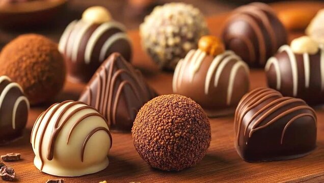 Assorted gourmet chocolate truffles and pralines artfully arranged on a wooden surface showcasing rich textures and decadent