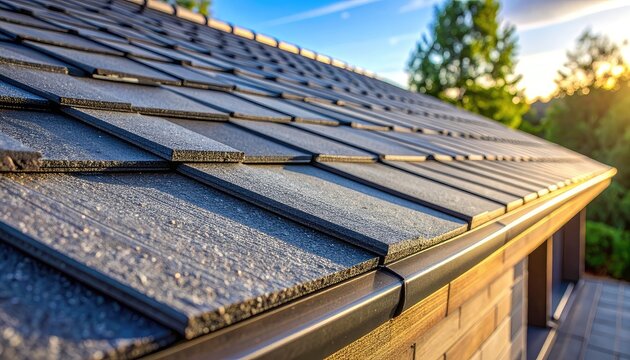 Close-up of dark composite roofing shingles covered in morning frost under a bright sky.