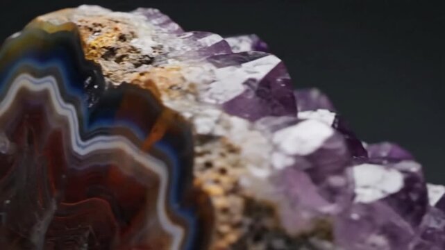 Polished Petrified Wood Texture An overhead, macro perspective of a highly polished slice of petrified wood, revealing its intricate, vibrant internal structure and tree ring patterns. A strong,