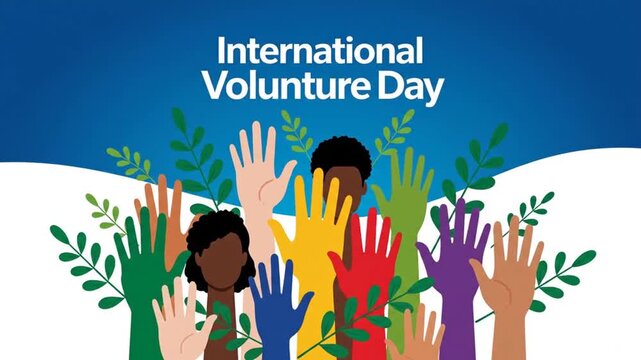 International Volunture Day with diverse raised hands and leaves