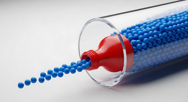 Blue marbles pouring from a glass tube with a red funnel.