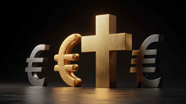 Golden Cross and Euro Symbols Representing Faith and Wealth Concept