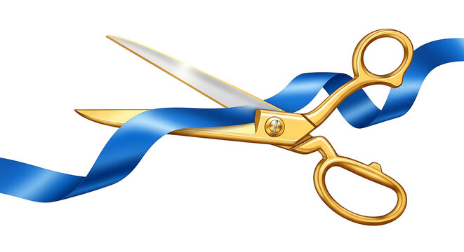 Golden scissors cutting blue ribbon isolated on white background