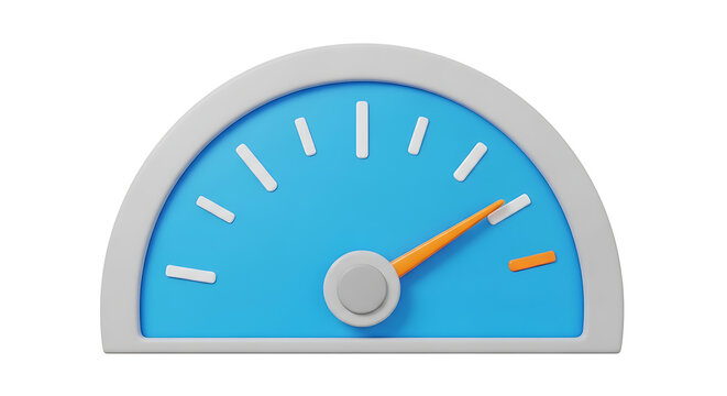A blue and grey speedometer icon with orange needle