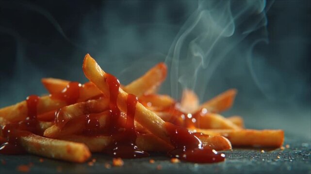 Sizzling hot French fries smothered in ketchup, smoke rises, close-up shot on a dark surface from a low angle viewpoint