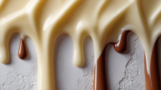 Creamy chocolate and vanilla sauce drips on textured white surface