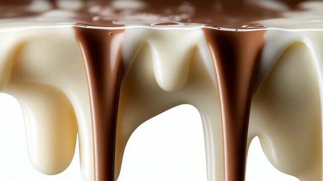 Close-up of milk and dark chocolate dripping in smooth, creamy layers