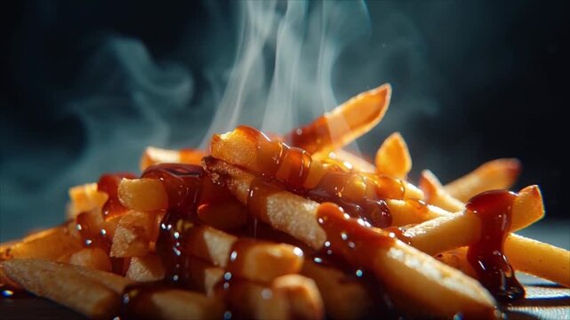Steaming hot fries smothered in rich gravy, 