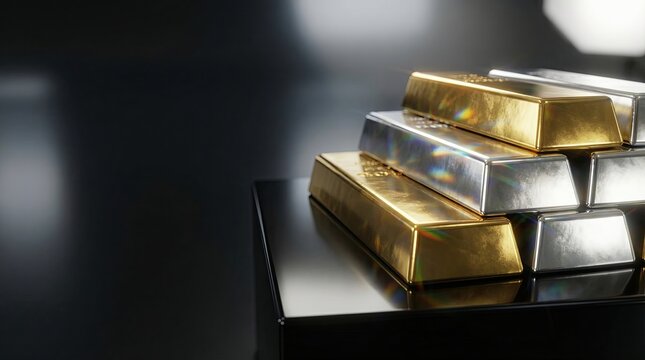 A close-up view of shiny gold and silver bars stacked elegantly against a dark background, symbolizing wealth and investment.