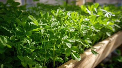Lush Green Plant Growth in a Wooden Planter at a Garden Center