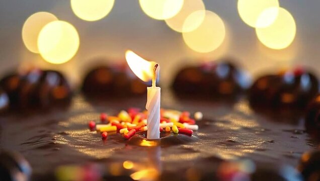 Chocolate cake with candy and candles on table with bokeh lights background