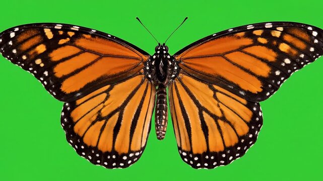 Vibrant monarch butterfly with orange wings on green background