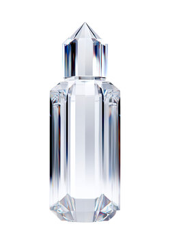 A luxurious diamond-cut crystal perfume bottle set against a transparent background.