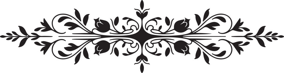 Fototapeta premium Black Floral Scroll Divider, Vintage Ornament with Elegant Leaves and Buds for Classic Design Elements