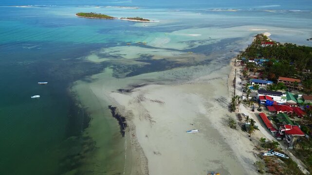 Cinematic wide aerial keeping island, palms, white sand, and clear water perfectly framed together.