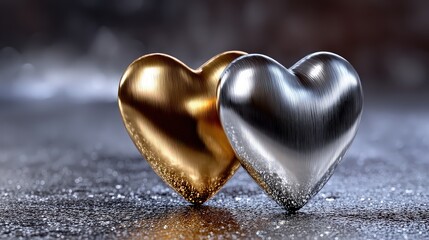 Fototapeta premium Two Metallic Gold and Silver Hearts for Romantic Valentine's Day