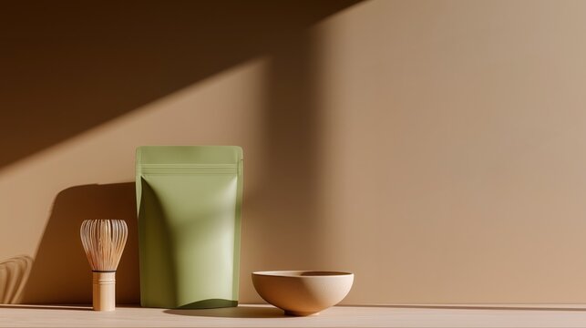 Minimal green tea matcha packaging mockup with bamboo whisk and ceramic bowl in natural sunlight shadows for modern branding