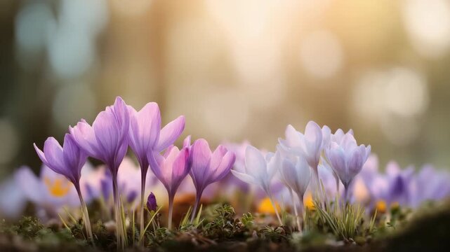 Vibrant crocus flowers blooming in sunlit garden with soft bokeh background