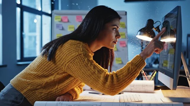 Woman works at computer desk with sticky notes on board behind. Office worker uses computer with notes displayed. Woman at desk working on computer project. Modern office with sticky note board.