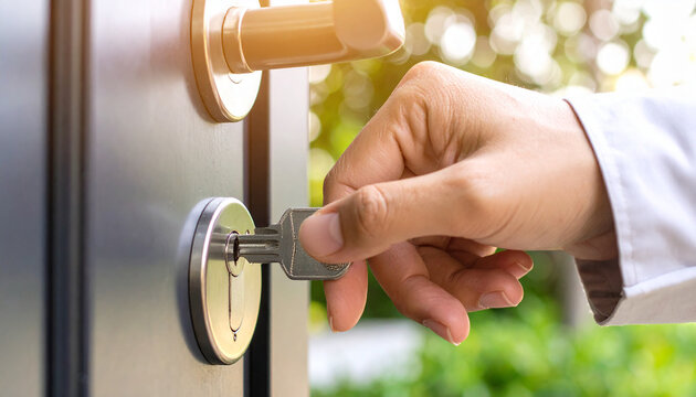 Mano con una llave abriendo la cerradura de la puerta en una casa con cerradura de seguridad, concepto de seguro del hogar o vivienda protegida