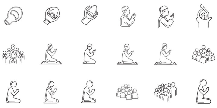 Islamic prayer icons and symbols representing devotion and community worship