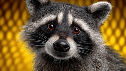 Obraz premium Cute Raccoon Face Close-up Portrait on Vibrant Yellow Background
